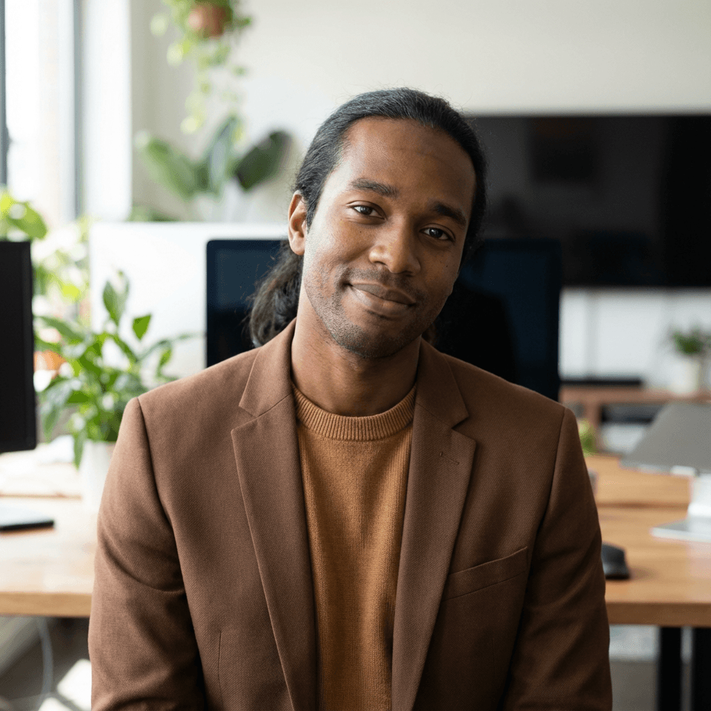 Marcus Webb in a work polo in a commercial building
