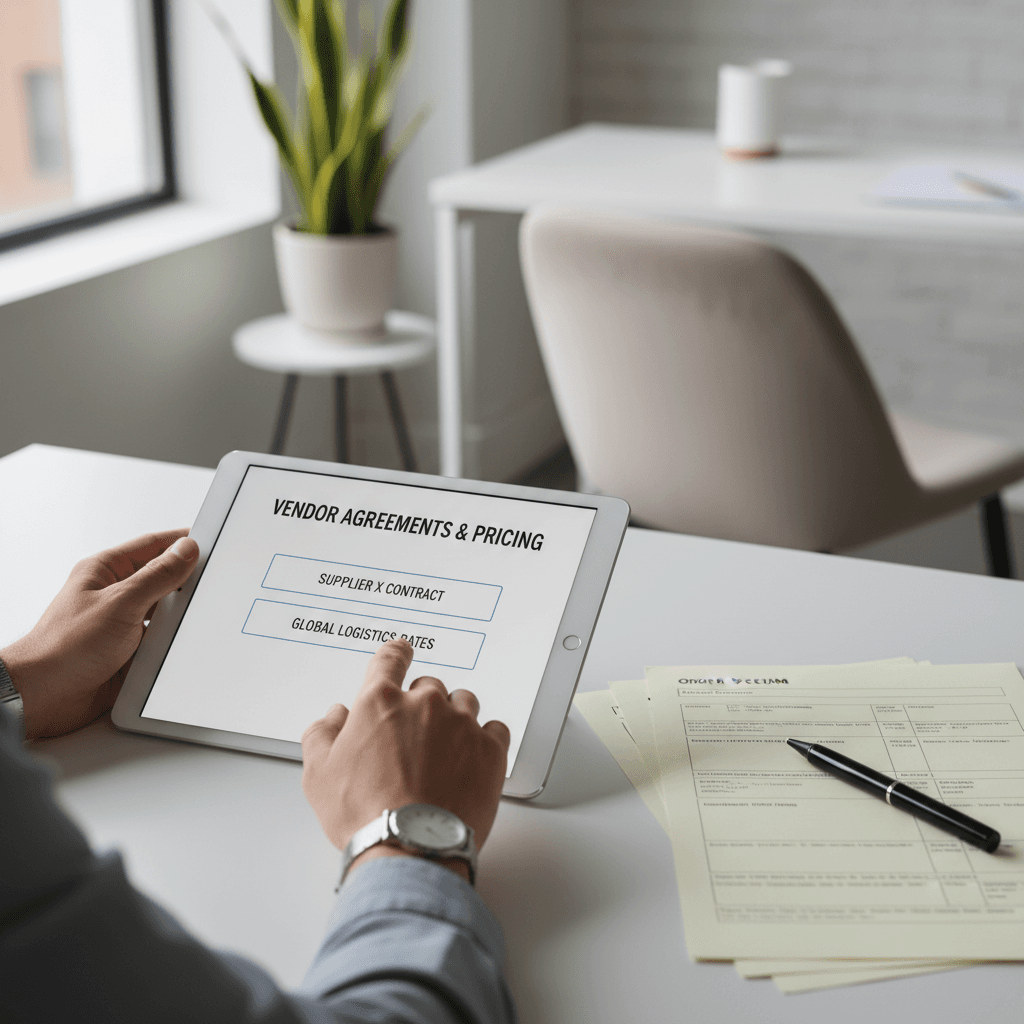 professional reviewing procurement documents in modern office
