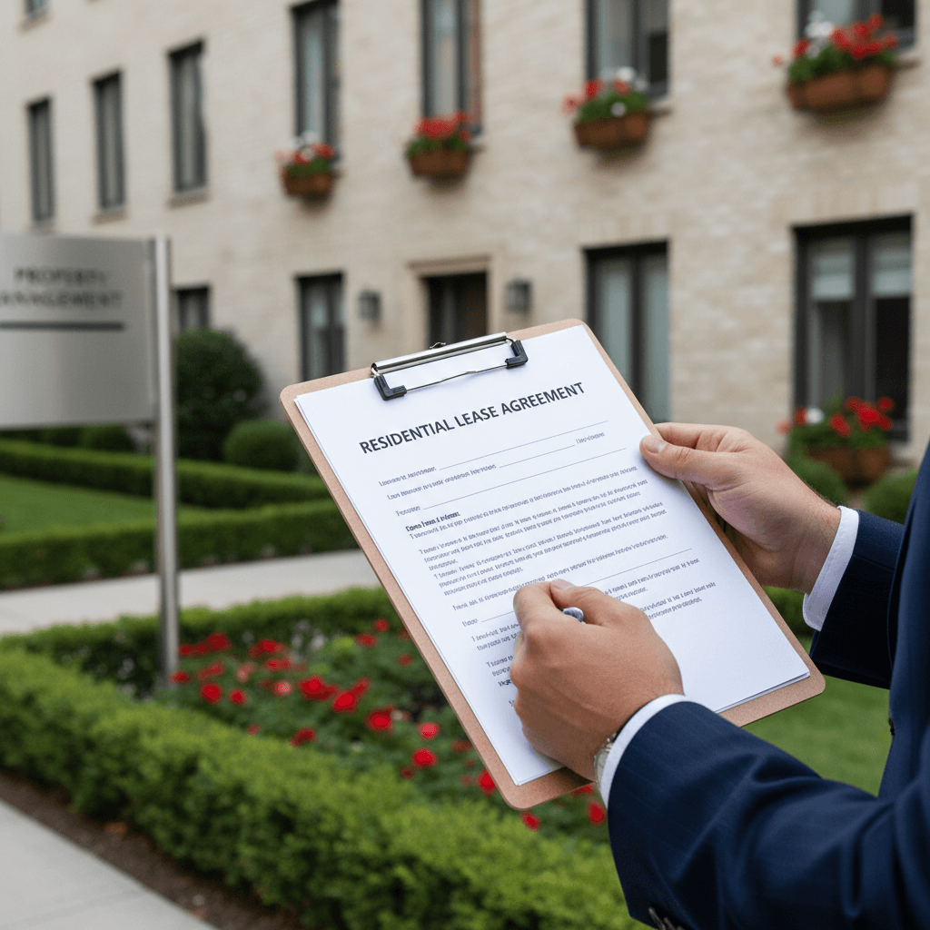 Property manager reviewing maintenance checklist in a modern building lobby