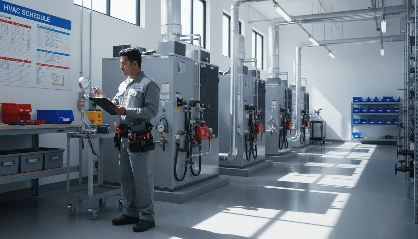 Maintenance worker inspecting equipment outside a commercial building