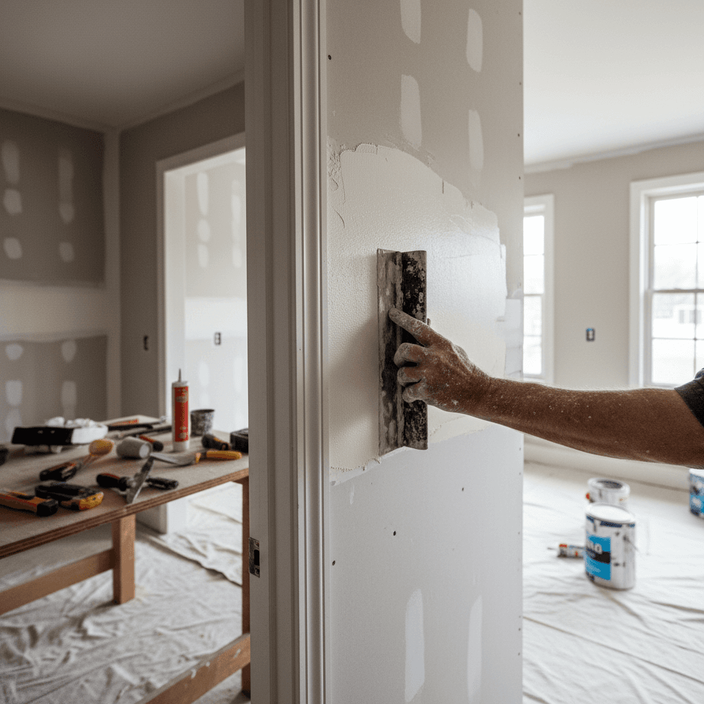 Maintenance worker repairing an office interior wall