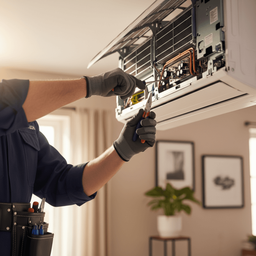 HVAC technician servicing an air conditioning unit in a commercial space