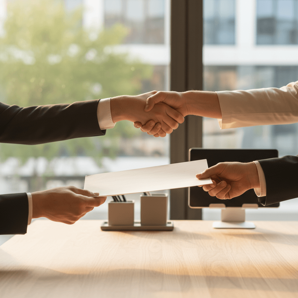 Contractor and client shaking hands at a commercial property site