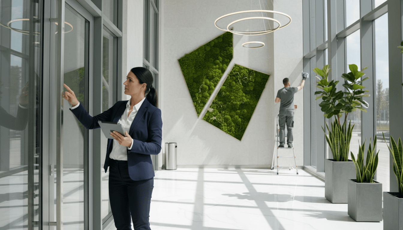 Professional facility manager inspecting a modern commercial building exterior