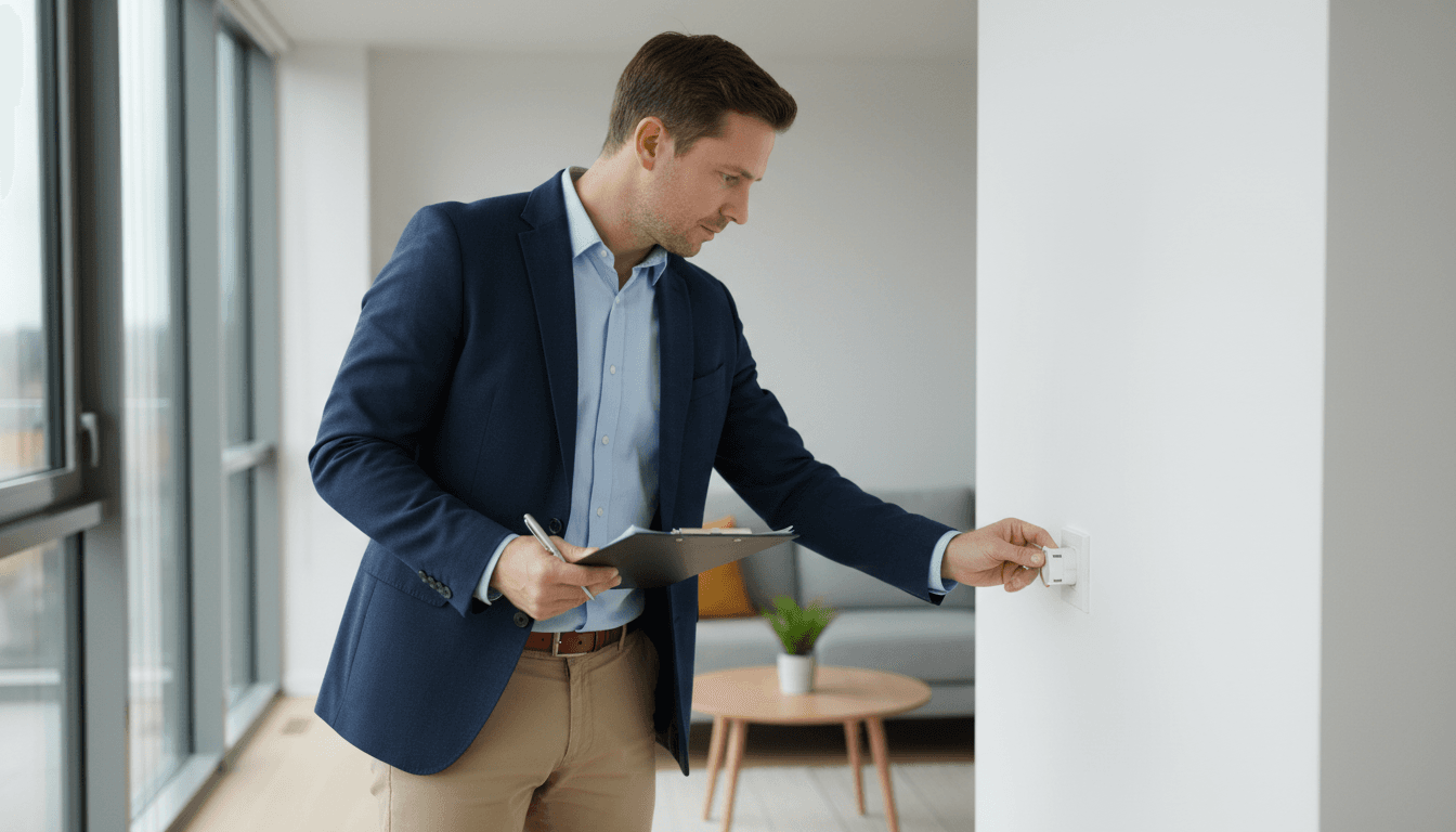 Property manager inspecting a building with a clipboard