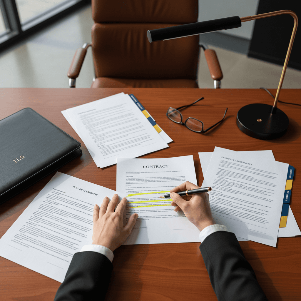 official reviewing contract documents in professional office