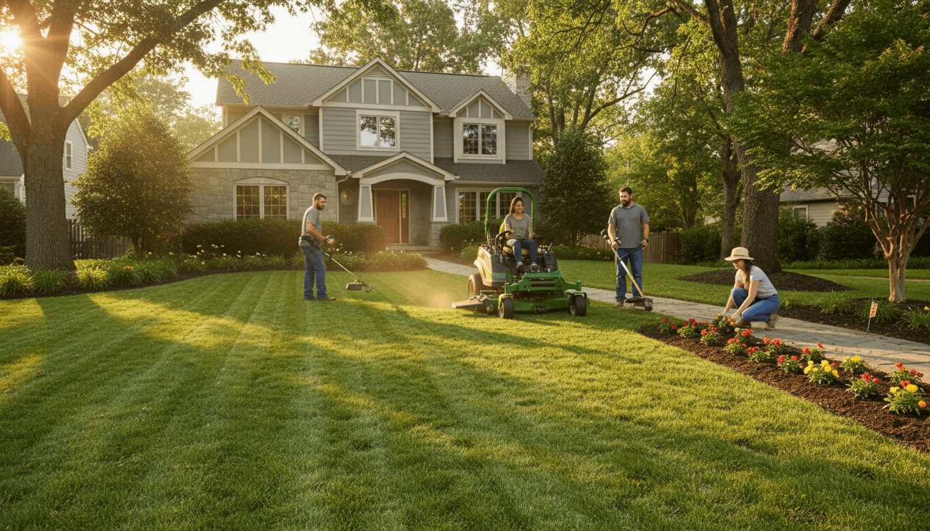 Landscaping crew maintaining a commercial lawn