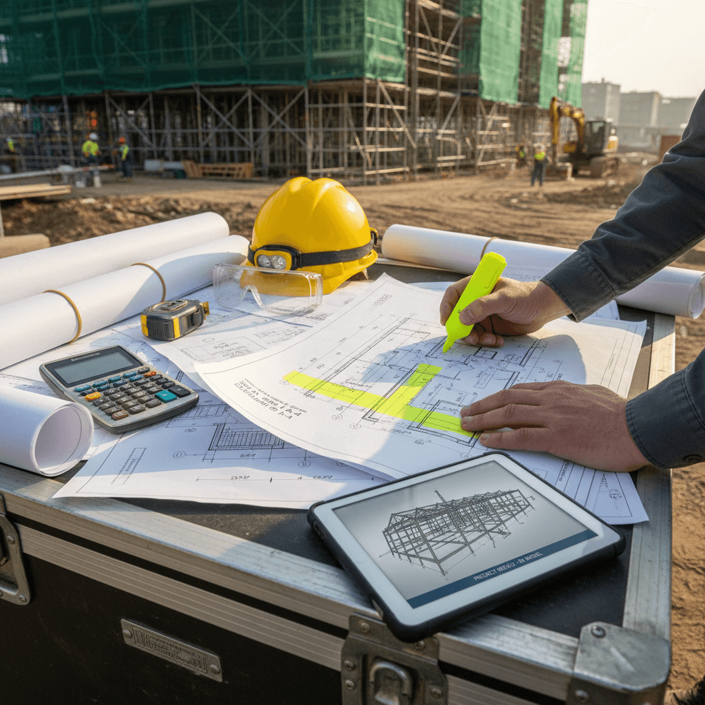 project manager reviewing plans with contractor