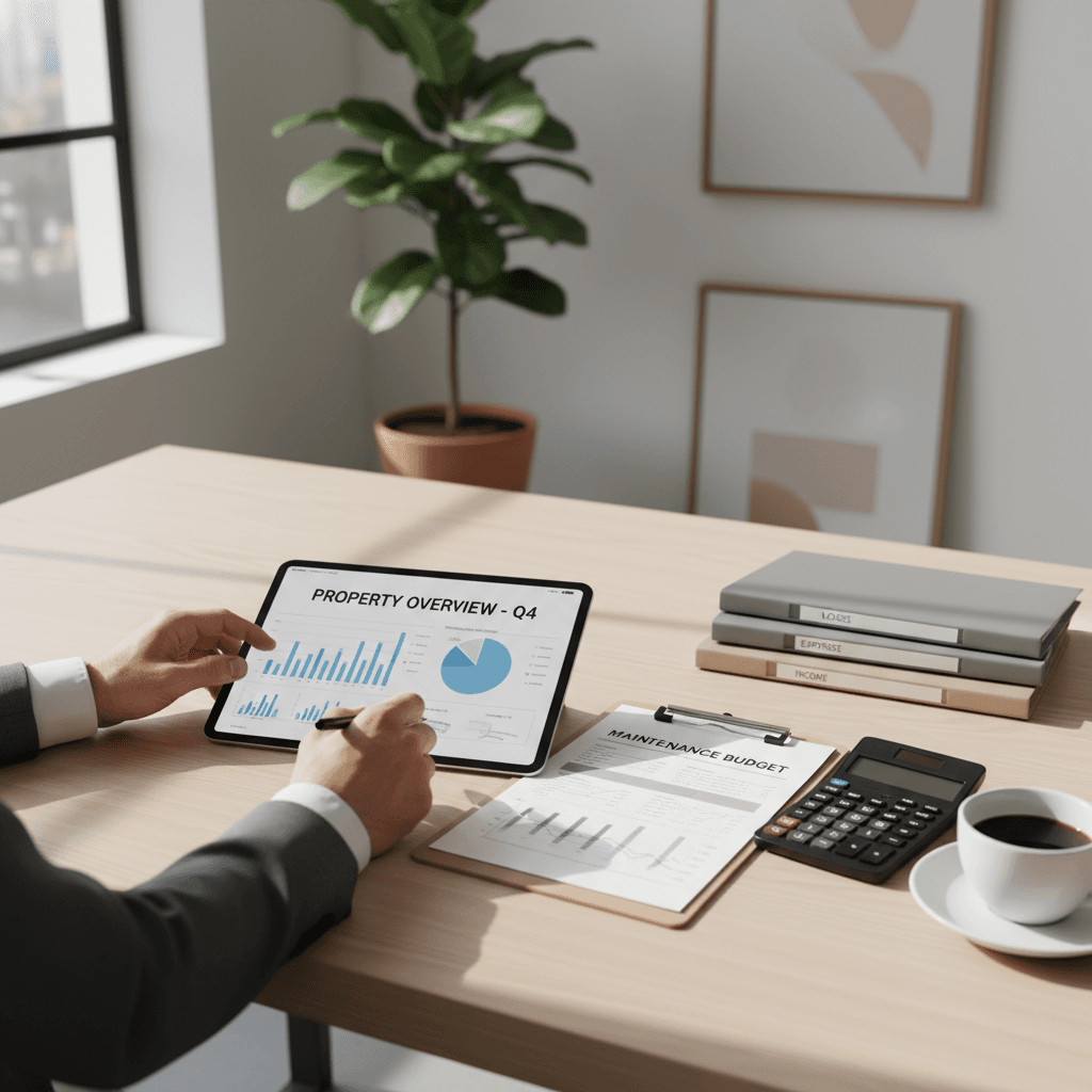 Property manager reviewing maintenance documents at a desk