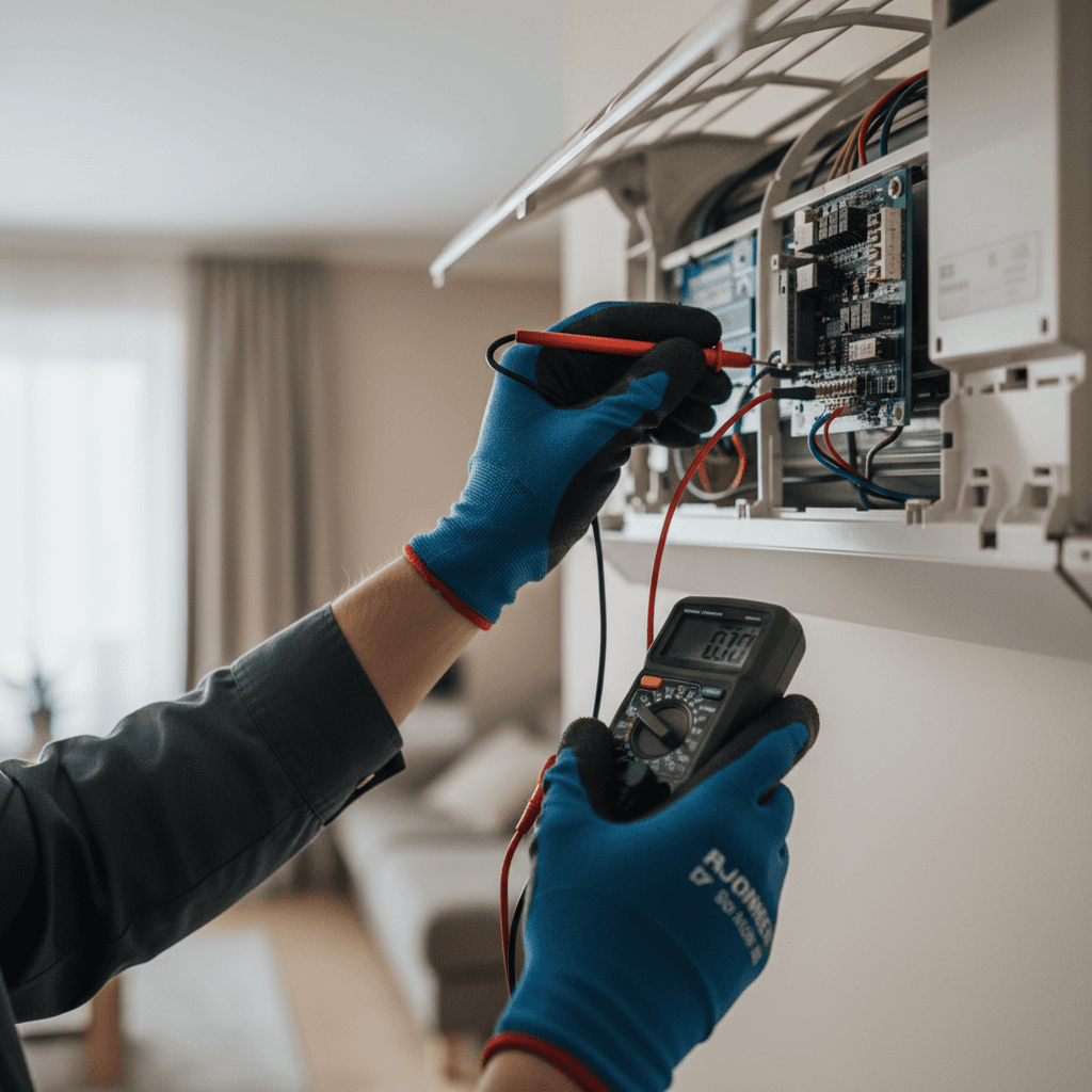 technician inspecting HVAC unit in mechanical room
