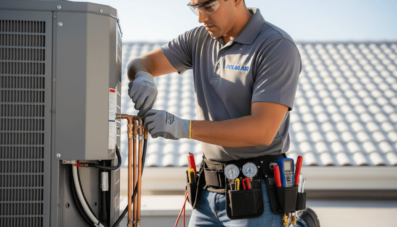 HVAC technician inspecting a rooftop unit